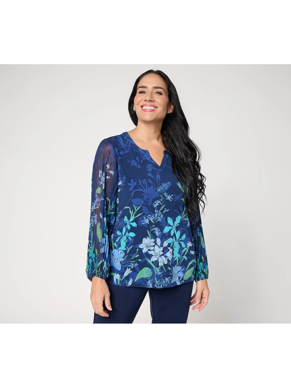 Susan Graver Liquid Knit Split-Neck Pleated Woven Sleeve Ink/Turquoise, Large